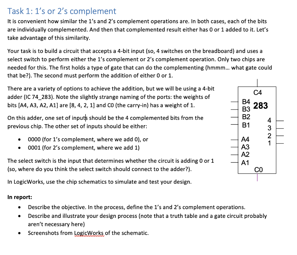 Task 1:1′ s or 2′ s complement It is convenient how | Chegg.com