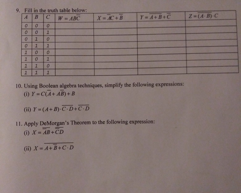 Solved 9. Fill in the truth table below: Z (A. B) C Y = A+ | Chegg.com