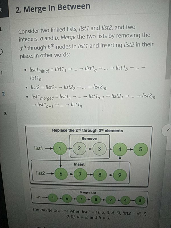 2. Merge In Between Consider Two Linked Lists, List1 | Chegg.com