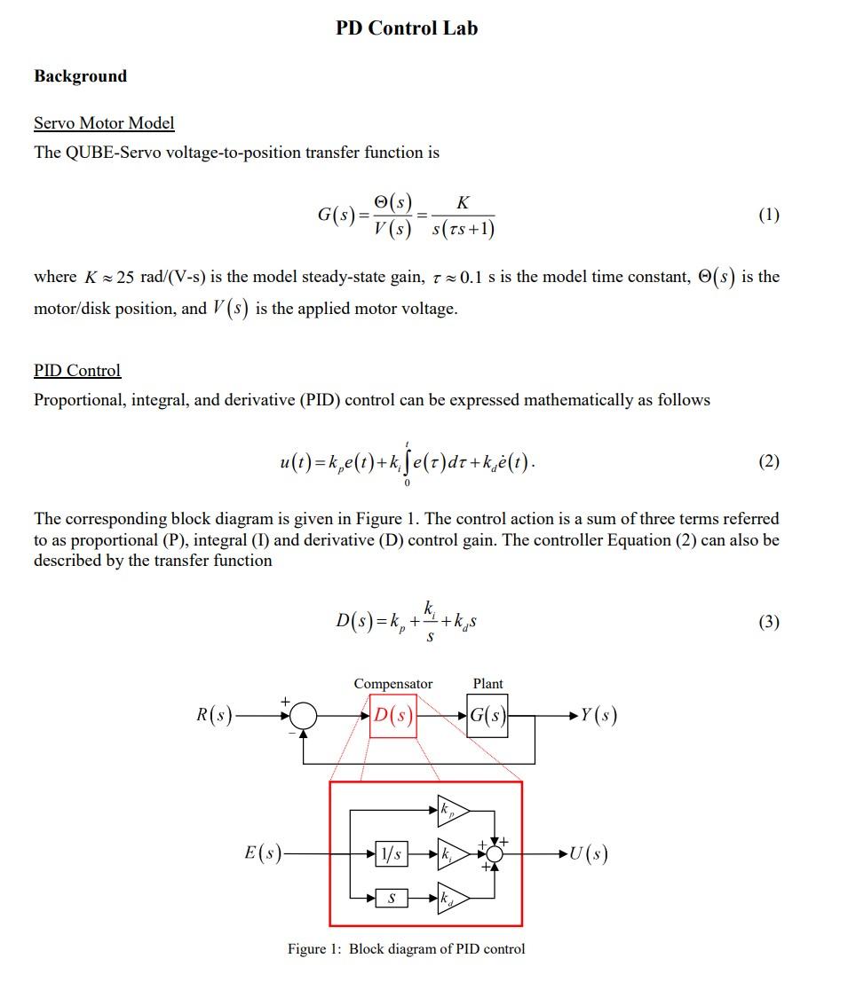 Solved PD Control Lab Background Servo Motor Model The