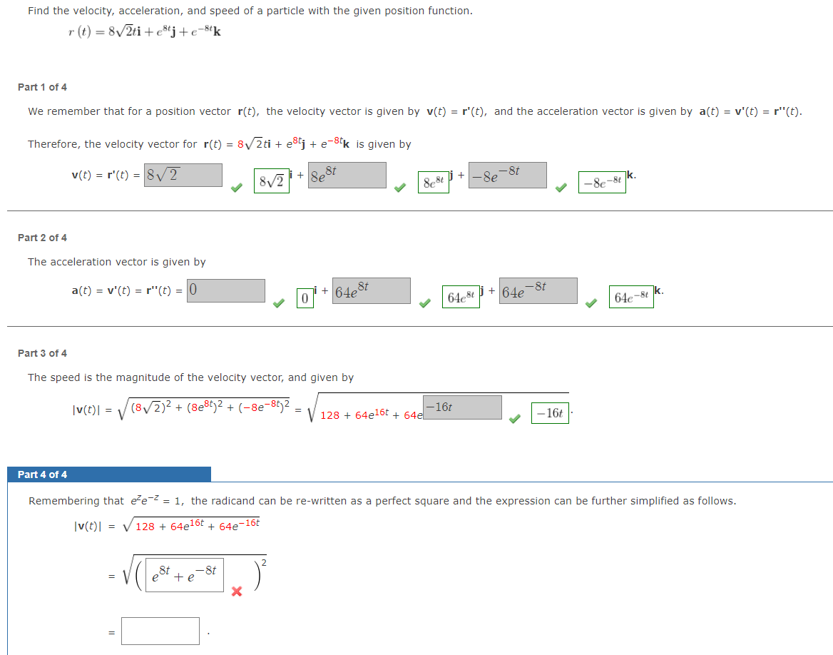 Solved r(t)=82ti+e8tj+e−8tk Part 1 of 4 We remember that for | Chegg.com