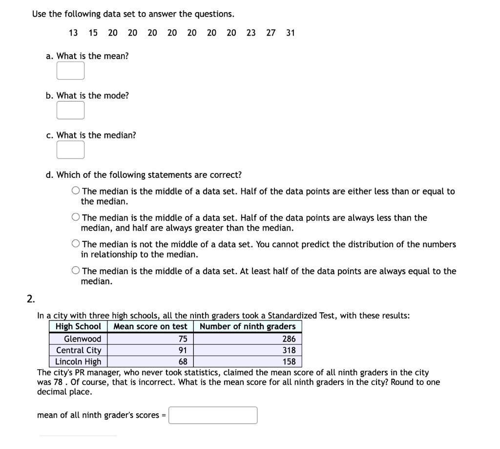 Solved Use The Following Data Set To Answer The Questions. | Chegg.com