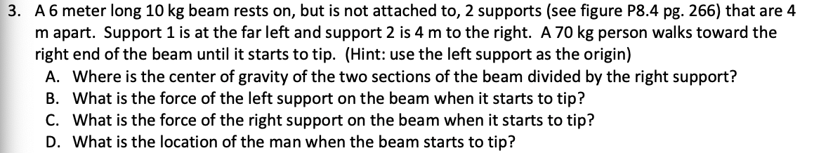 Solved 3 A6 Meter Long 10 Kg Beam Rests On But Is Not