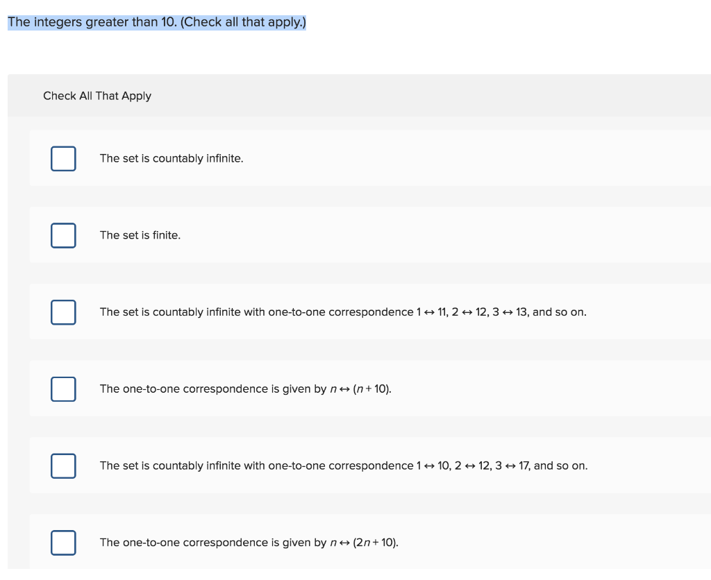 Solved The integers greater than 10. (Check all that apply.) | Chegg.com