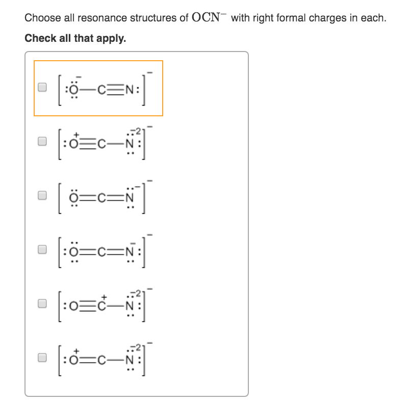 Solved Choose All Resonance Structures Of Ocn With Right Chegg Com