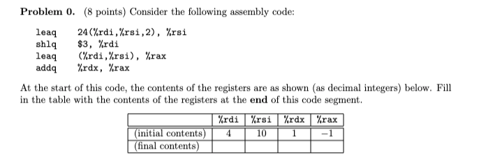 Solved Problem 0. (8 Points) Consider The Following Assembly | Chegg.com