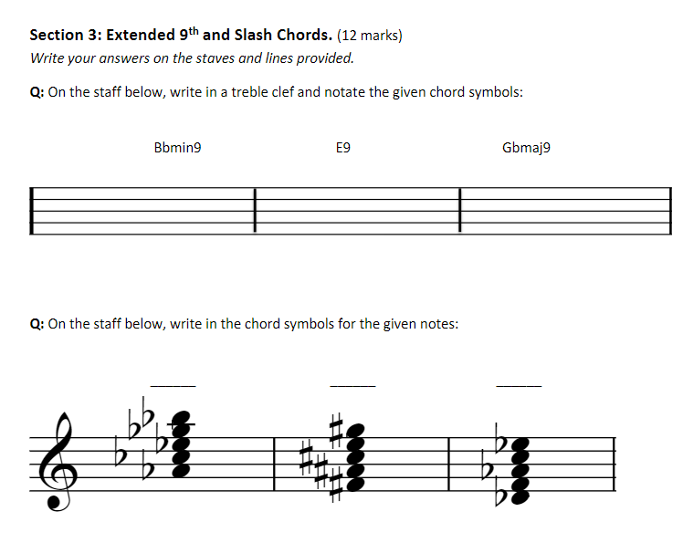 Section 3 Extended 9th and Slash Chords. (12 marks)