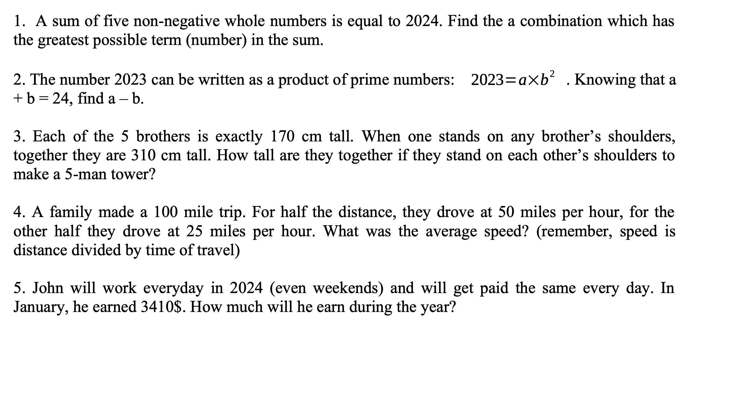 Solved A sum of five non-negative whole numbers is equal to | Chegg.com