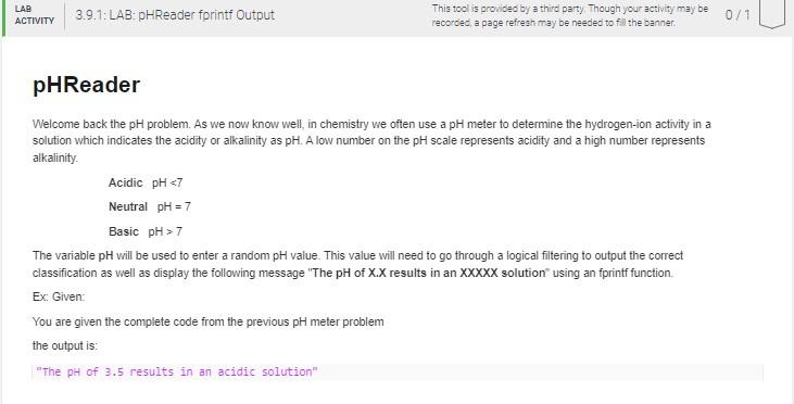 Solved LAB ACTIVITY 3.9.1: LAB: PHReader forintf Output This | Chegg.com