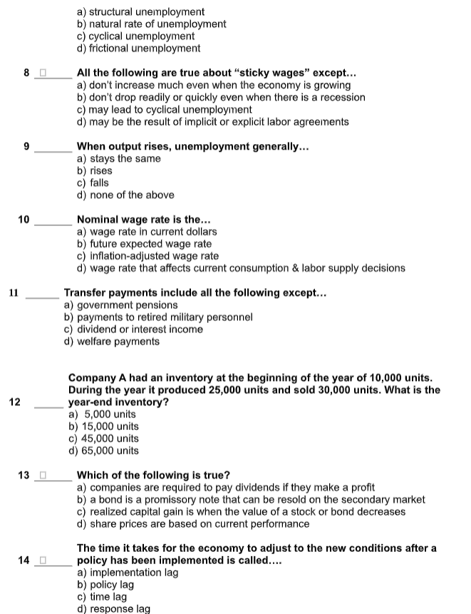 Solved 7 An increase in unemployment resulting from a