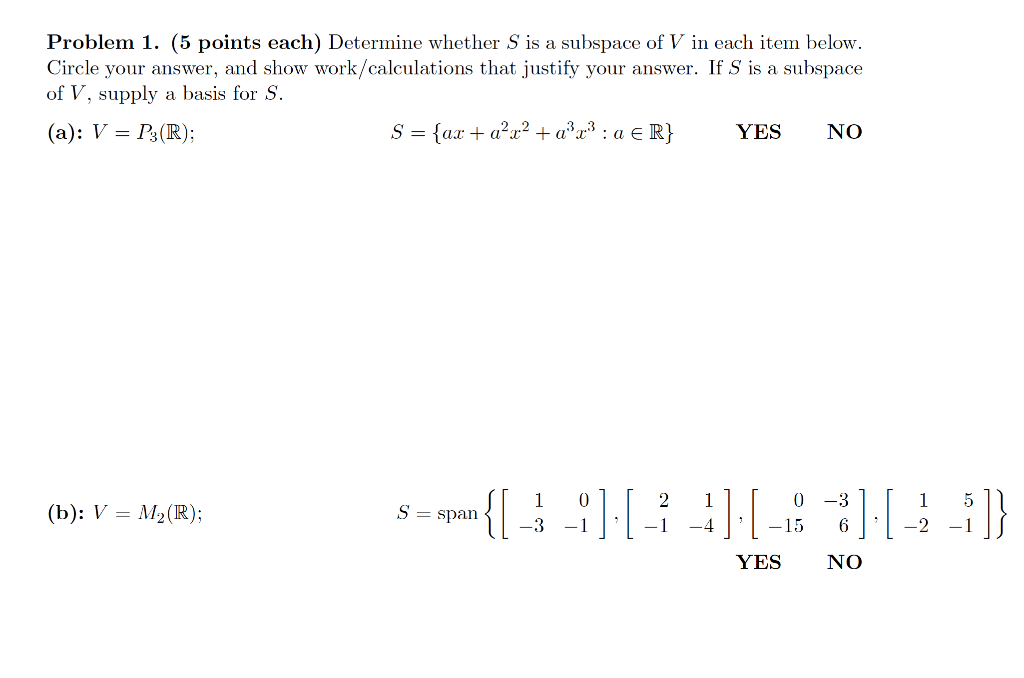 Solved Problem 1. (5 points each) Determine whether S is a | Chegg.com