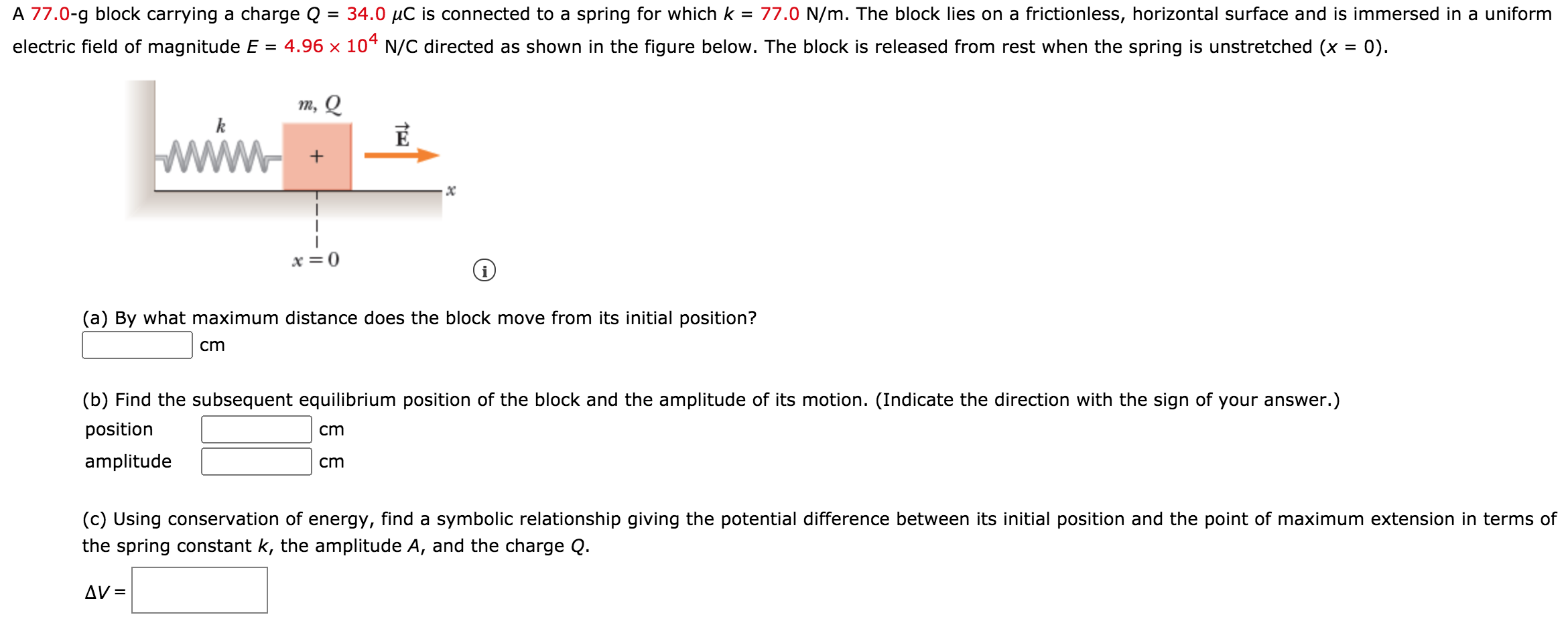 Solved A 77.0-g block carrying a charge Q 34.0 uC is | Chegg.com