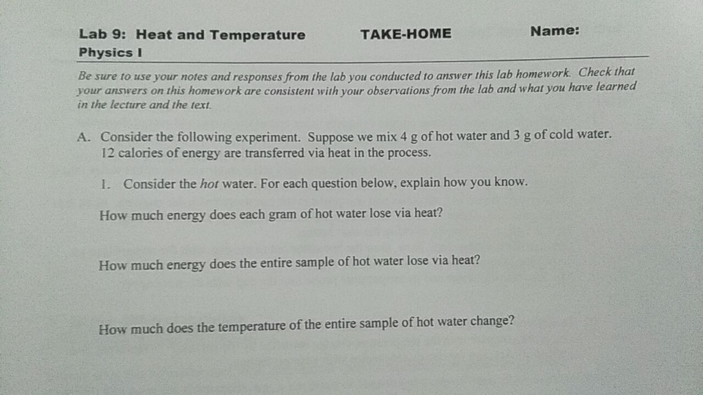 Solved Name: Lab 9: Heat and Temperature Physics I TAKE-HOME | Chegg.com