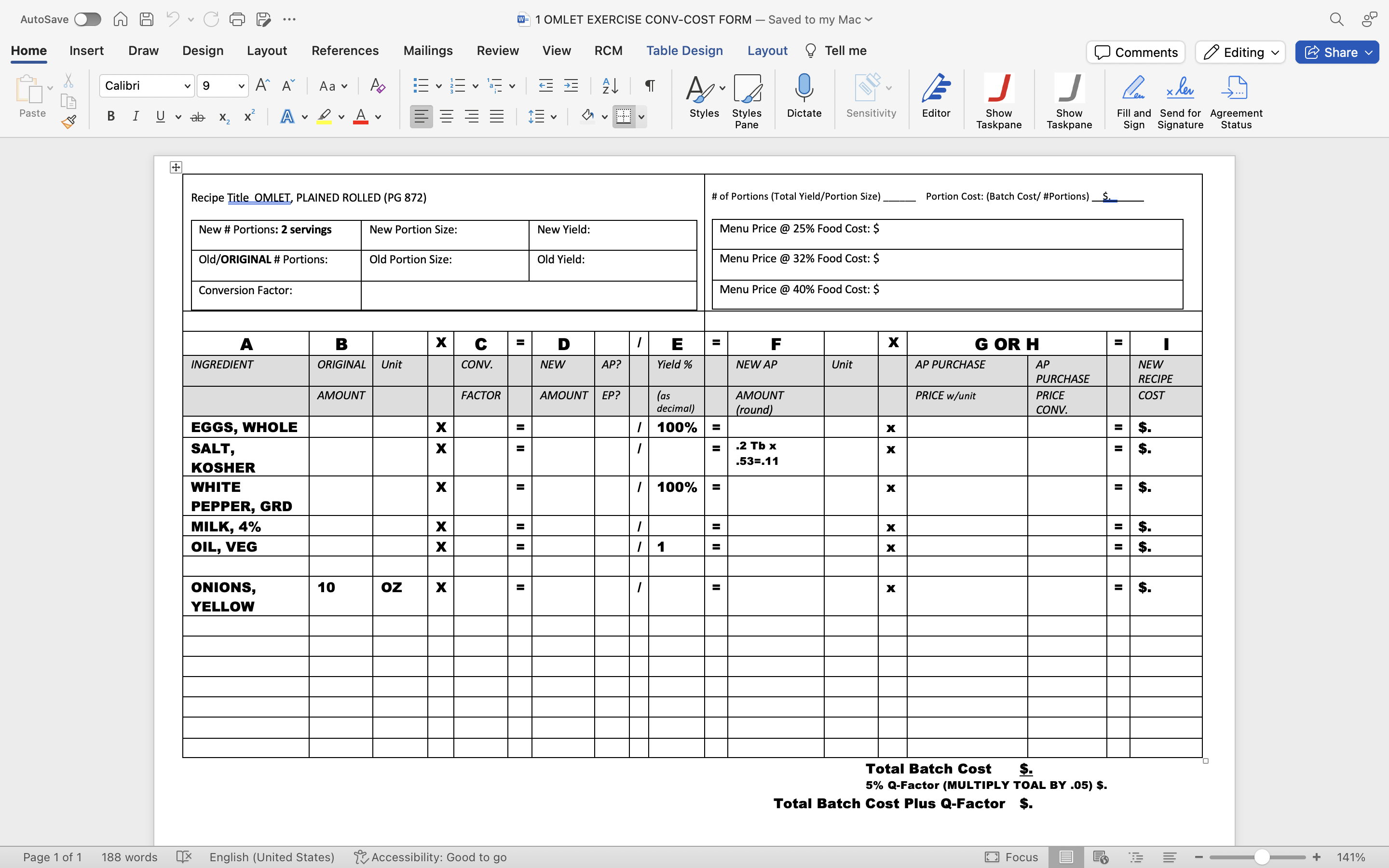 Solved W≡1 OMLET EXERCISE CONV-COST FORM - Saved to my Mac | Chegg.com