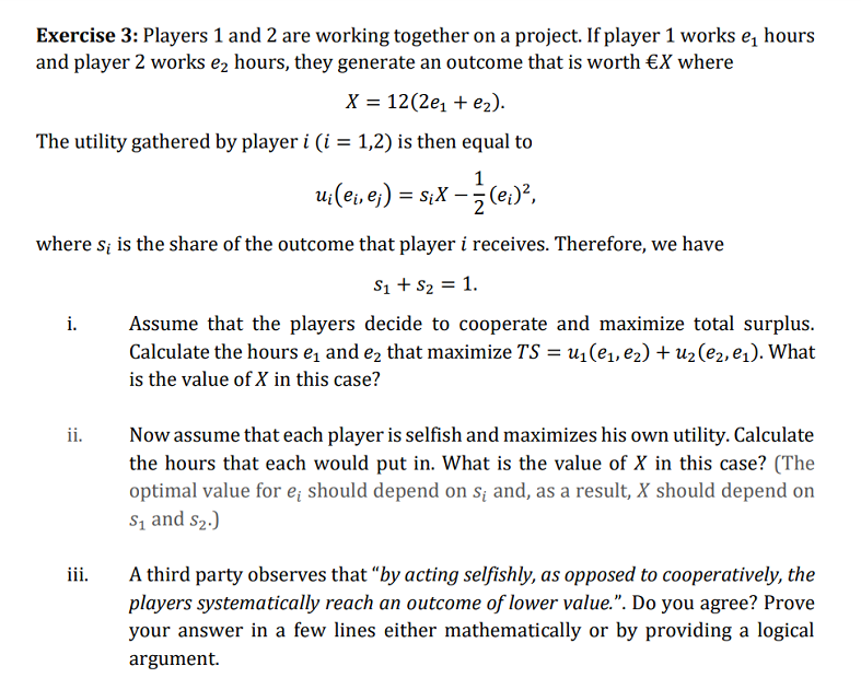 Solved Exercise 3: Players 1 and 2 are working together on a | Chegg.com