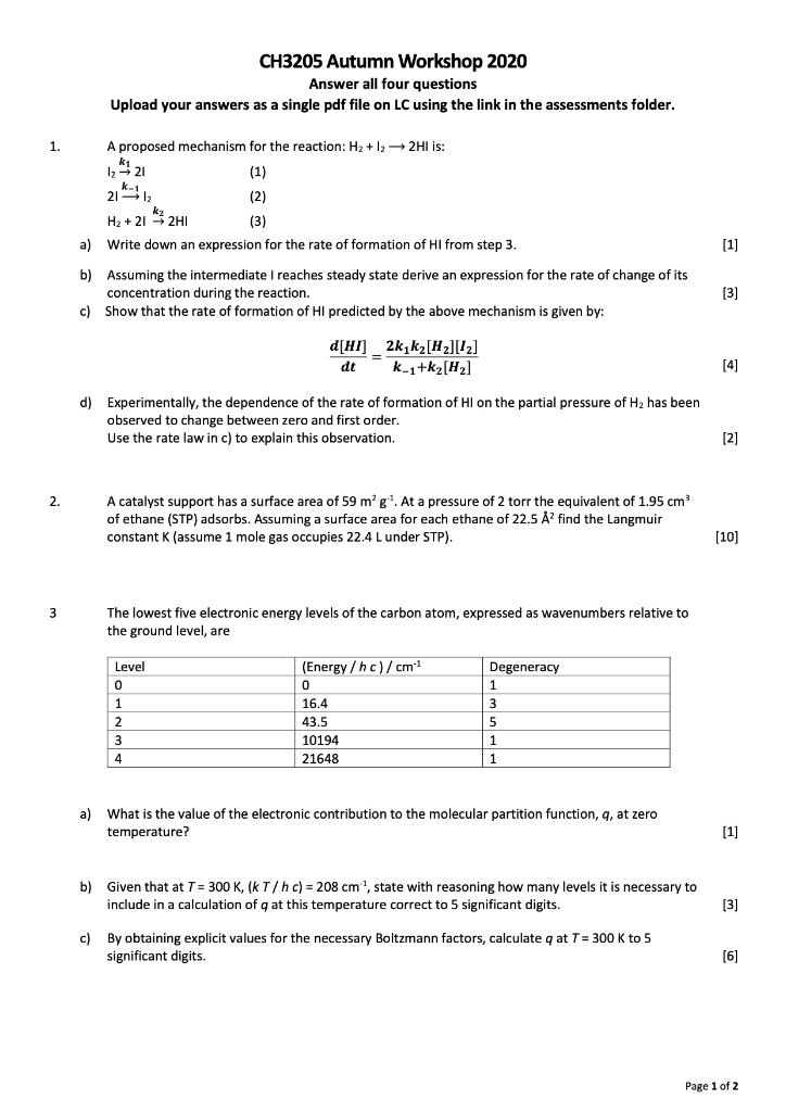 CH3205 Autumn Workshop 2020 Answer all four questions | Chegg.com