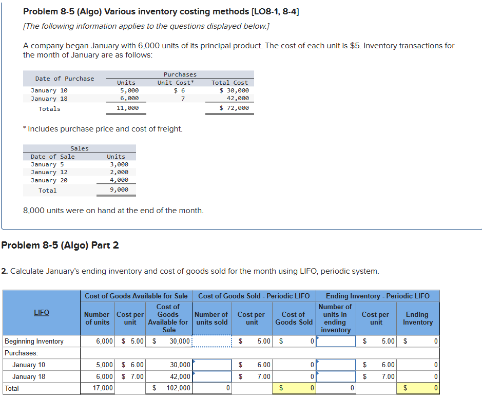 Solved Problem 8-5 (Algo) ﻿Various Inventory Costing Methods | Chegg.com