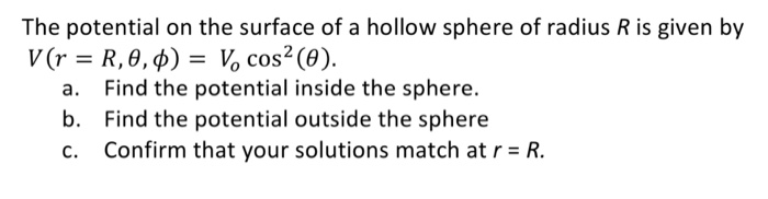 Solved The potential on the surface of a hollow sphere of | Chegg.com