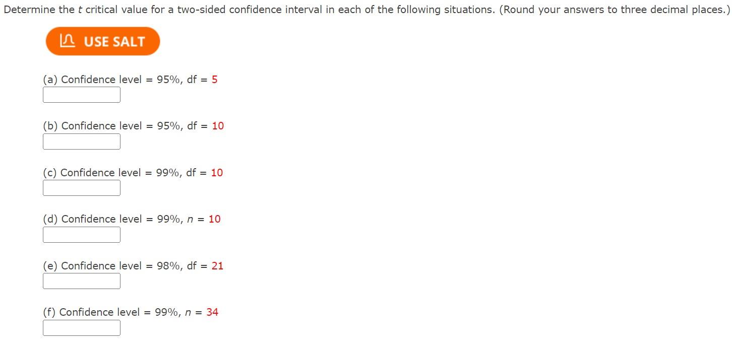 Solved Determine the t critical value for a two-sided | Chegg.com