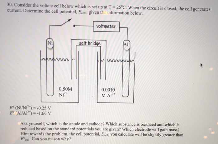 Solved 30. Consider the voltaic cell below which is set up | Chegg.com