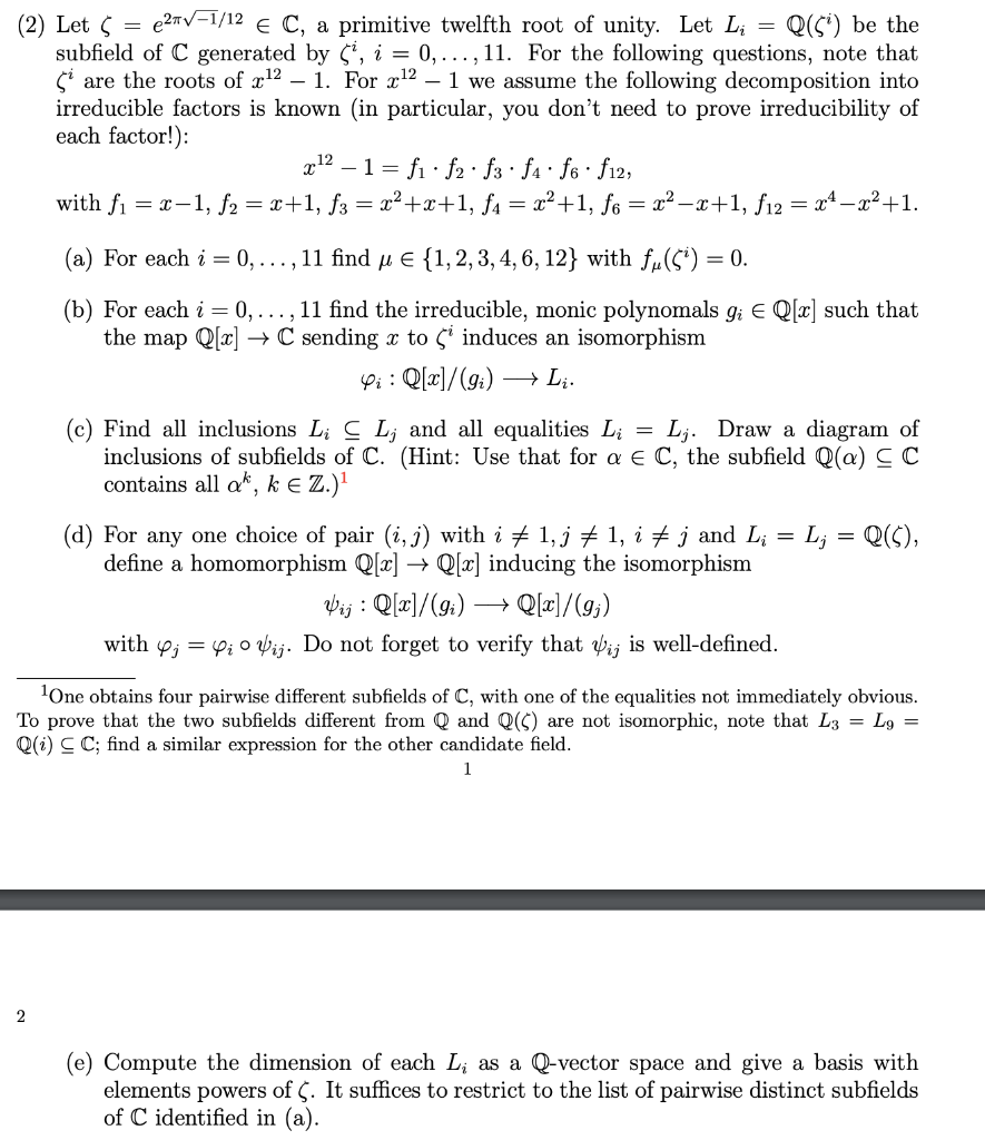 Solved 2 Let 5 E2v 1 12 E C A Primitive Twelfth Root Chegg Com