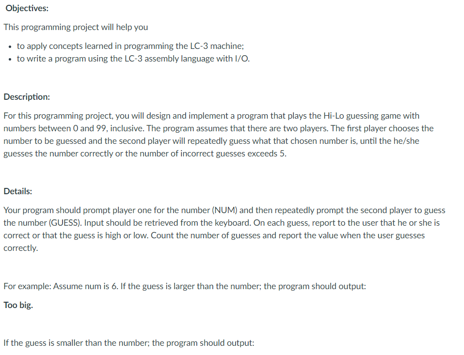 Solved LC-3 assembly language with I/O Hi-Lo Guessing Game. | Chegg.com