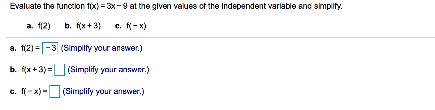 Solved Evaluate the function f(x) 3x - 9 at the given values | Chegg.com