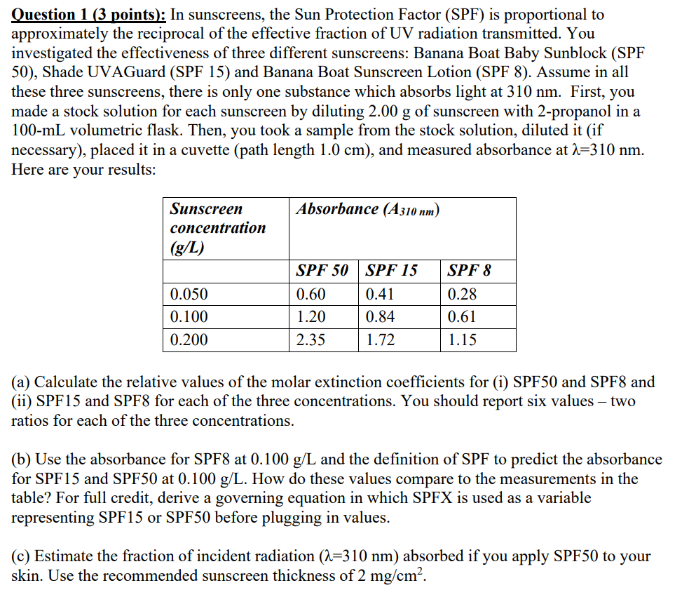 Solved Question 1 3 Points In Sunscreens The Sun Chegg Com