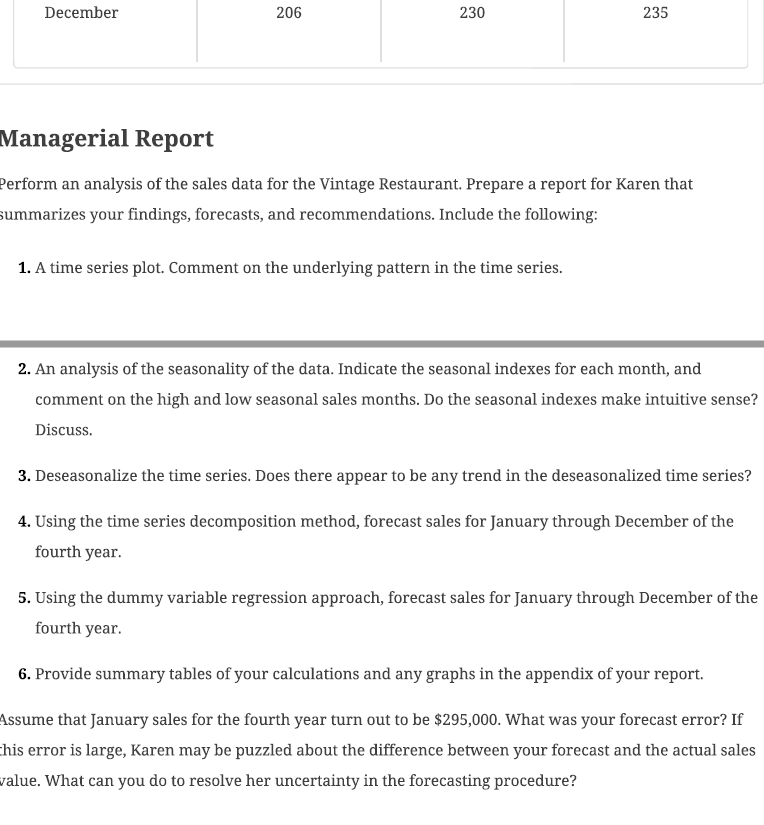 Case Problem 1. Forecasting Food and Beverage Sales | Chegg.com