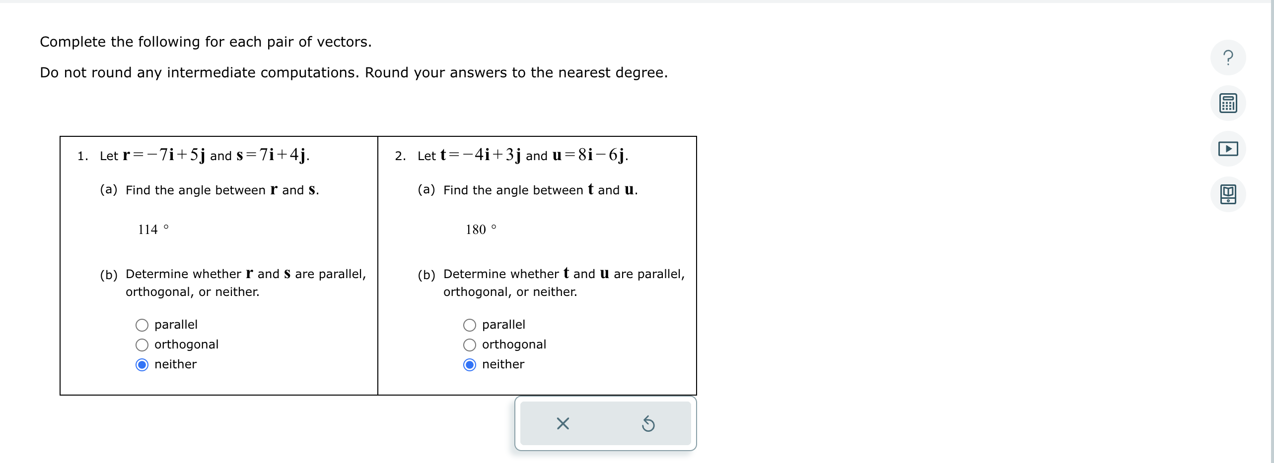 Solved Complete the following for each pair of vectors. Do | Chegg.com