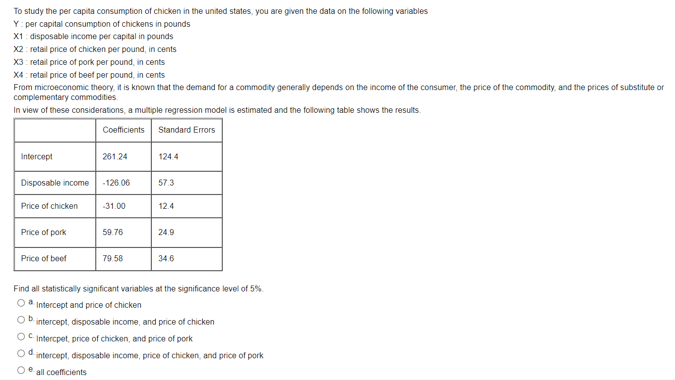 Solved To study the per capita consumption of chicken in the | Chegg.com