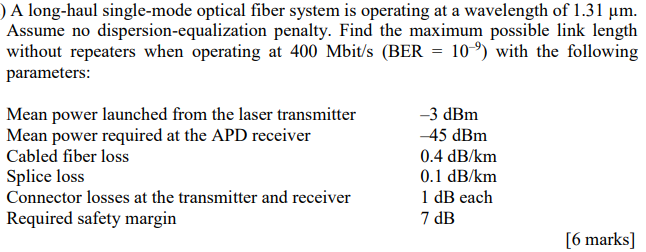 Solved A long-haul single-mode optical fiber system is | Chegg.com