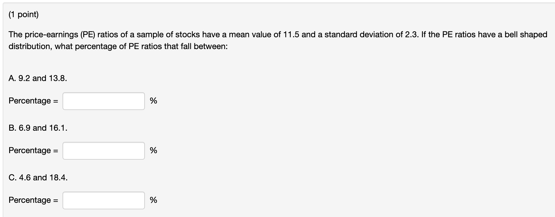 Solved (1 point) The price-earnings (PE) ratios of a sample | Chegg.com