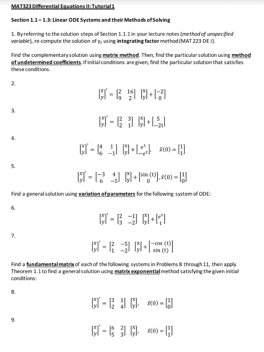 MAT323 Differential Equations Il: Tutorial1 Section | Chegg.com