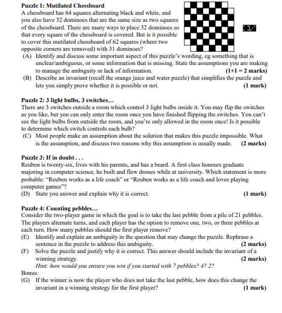 Solved Puzzle 1: Mutilated Chessboard A chessboard has 64 | Chegg.com