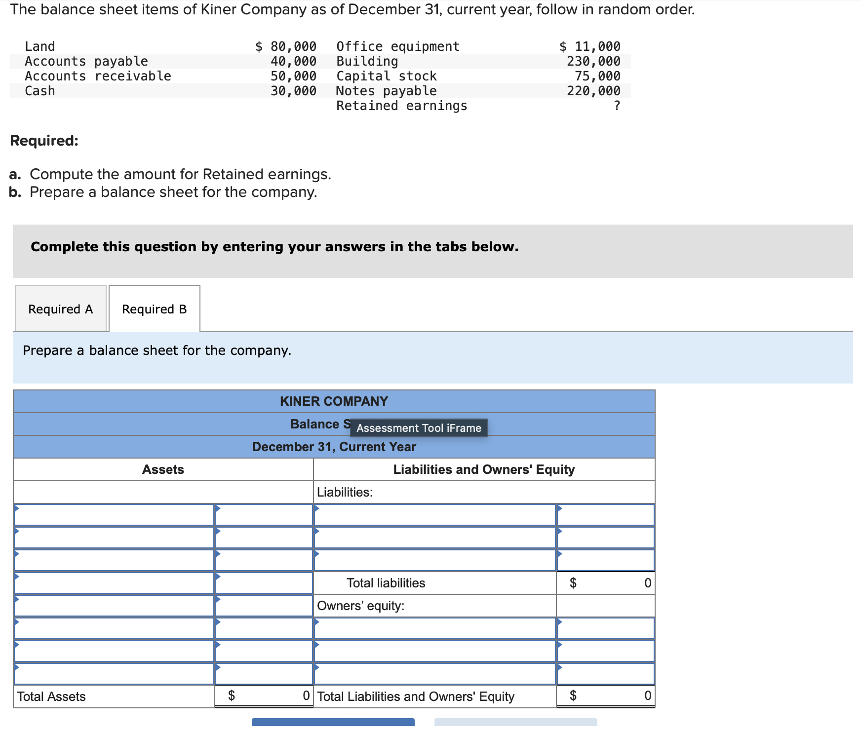 Solved The balance sheet items of Kiner Company as of | Chegg.com