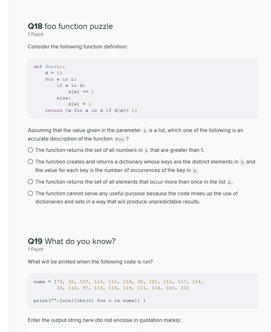 Solved Q18 foo function puzzle 1 Point Consider the | Chegg.com
