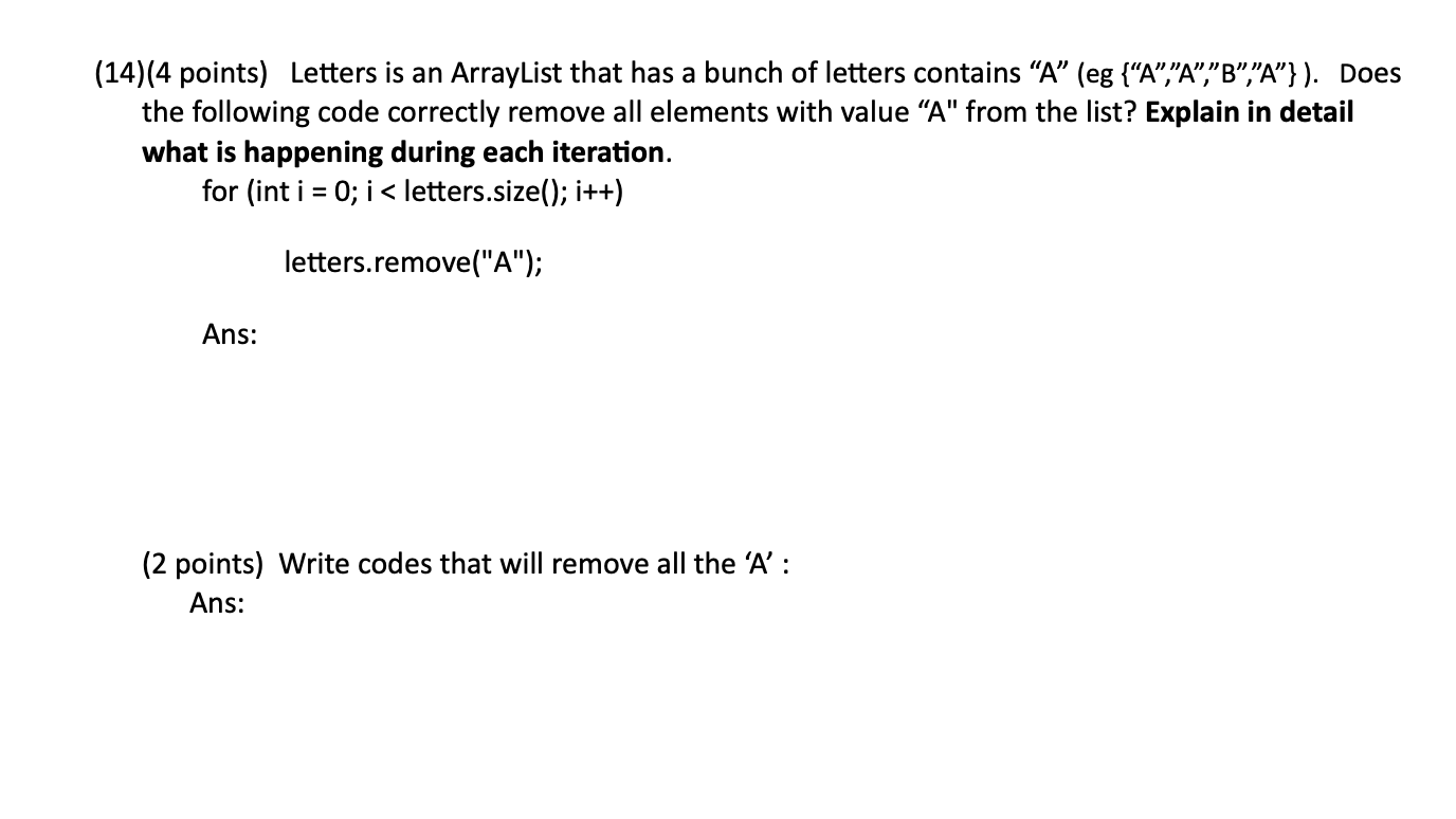 Solved (14)(4 points) Letters is an ArrayList that has a | Chegg.com