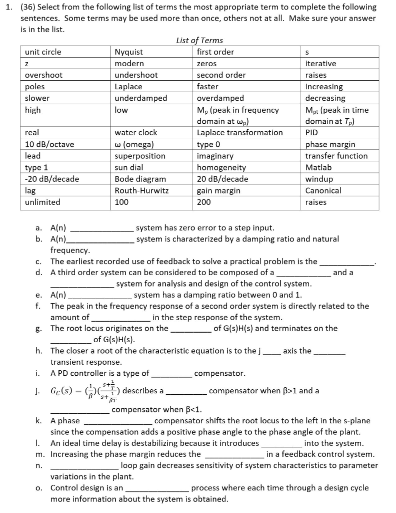 Solved 1. (36) Select from the following list of terms the | Chegg.com