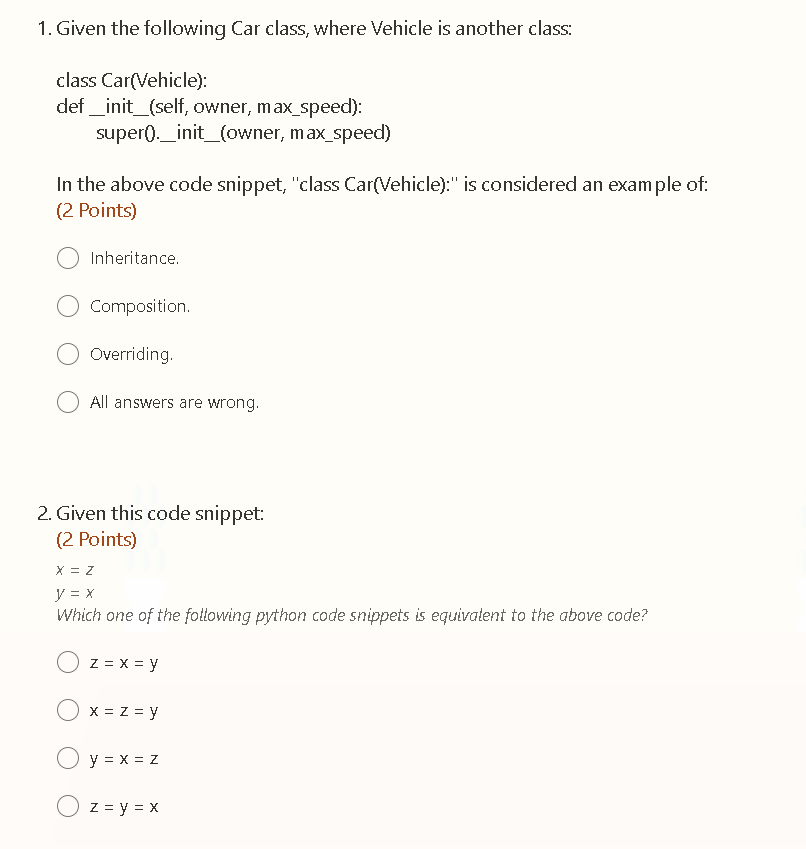 Solved 1. Given the following Car class, where Vehicle is | Chegg.com