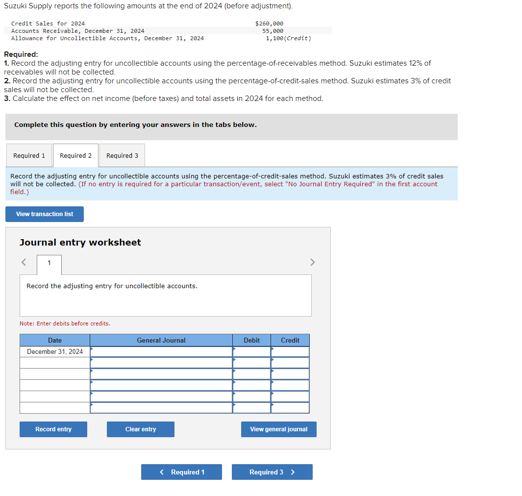 Required:
1. Record the adjusting entry for uncollectible accounts using the percentage-of-receivables method. Suzuki estimat