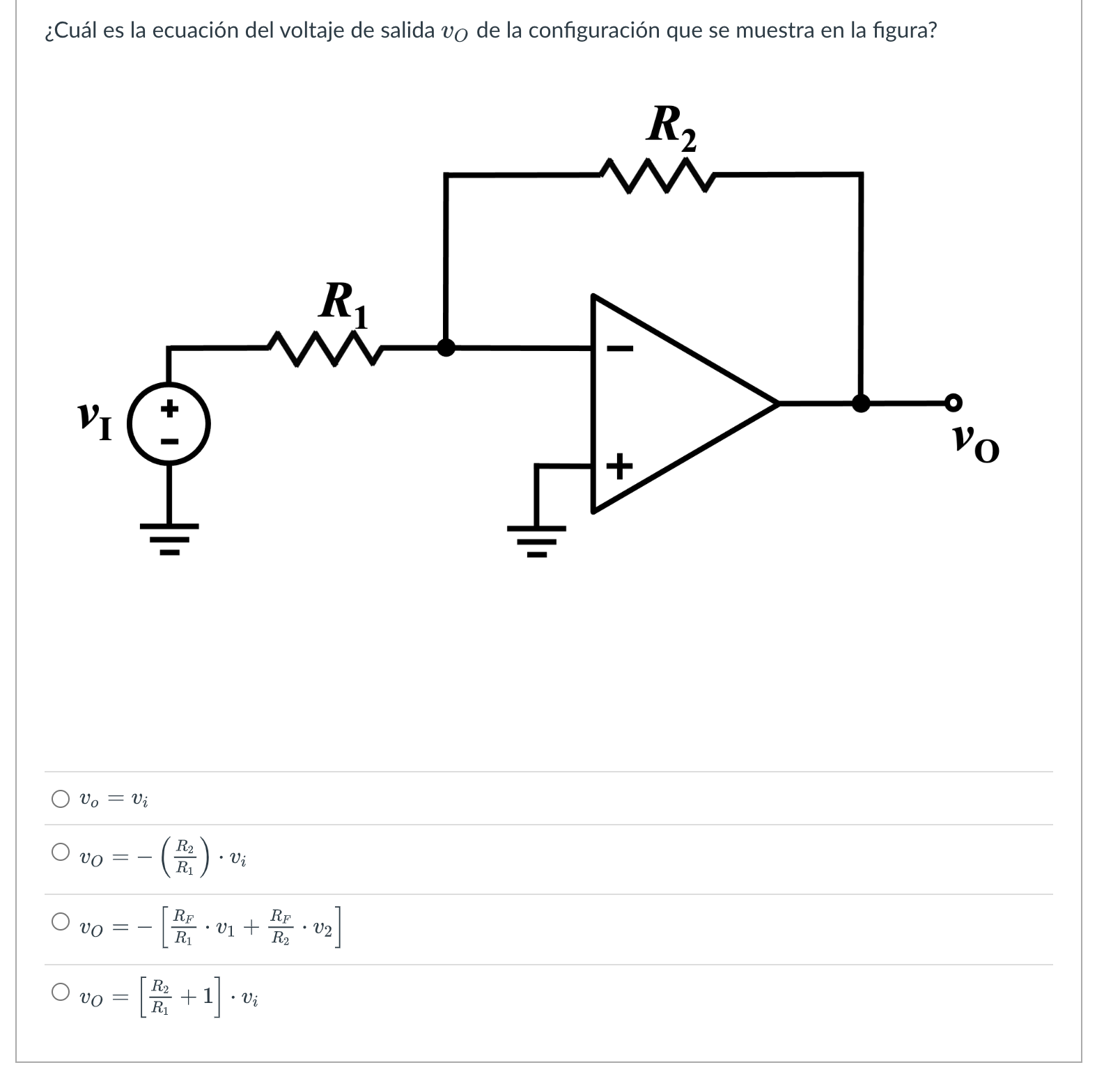 ¿Cuál es la ecuación del voltaje de salida \( v_{O} \) de la configuración que se muestra en la figura? \[ \begin{array}{l} v