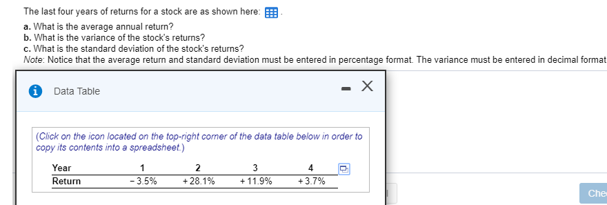 Solved The last four years of returns for a stock are as | Chegg.com