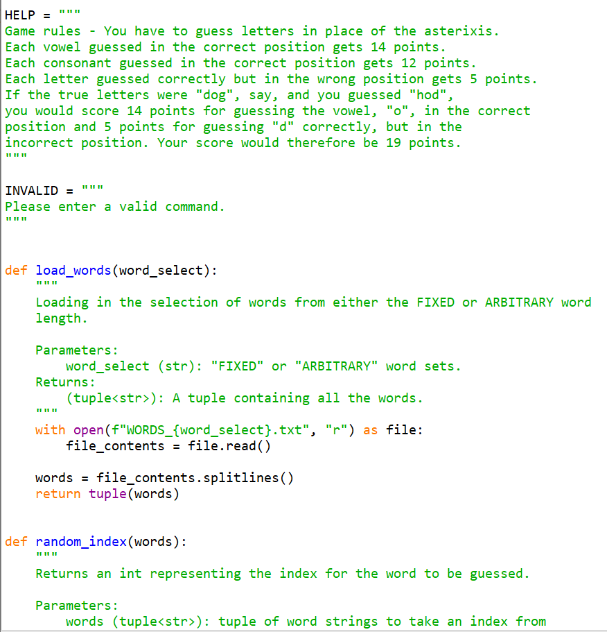 HELP = Game rules - You have to guess letters in place of the asterixis. Each vowel guessed in the correct position gets 14 p