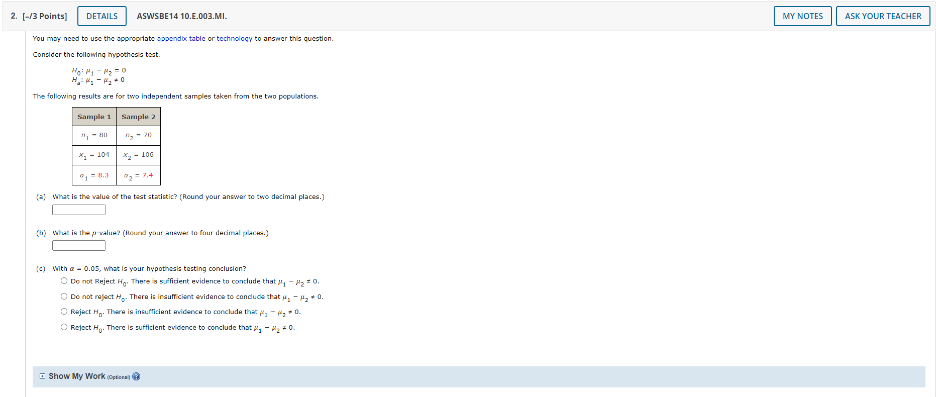Solved 2. [-/3 Points] DETAILS ASWSBE14 10.E.003.MI. MY | Chegg.com