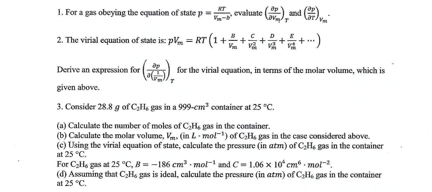 Solved RT др др 1. For a gas obeying the equation of state p | Chegg.com