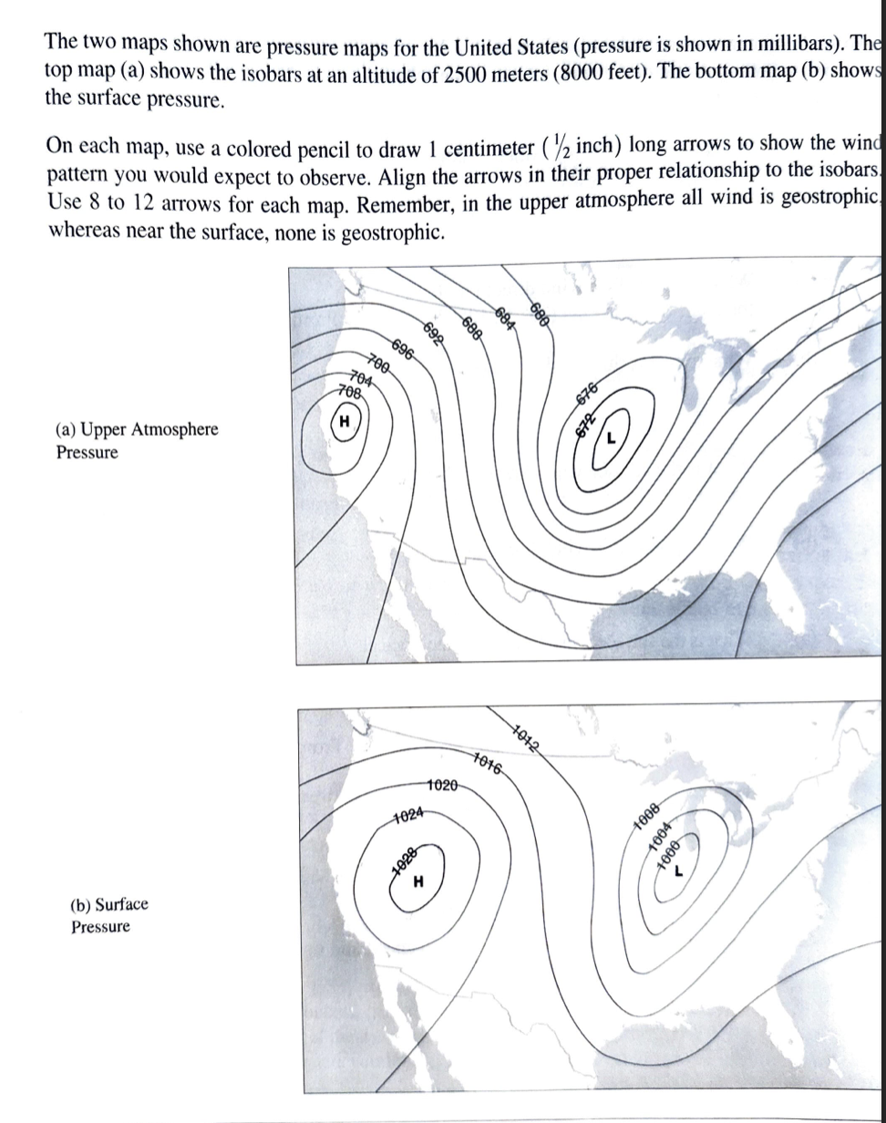 The two maps shown are pressure maps for the United States (pressure is shown in millibars). The top map (a) shows the isobar