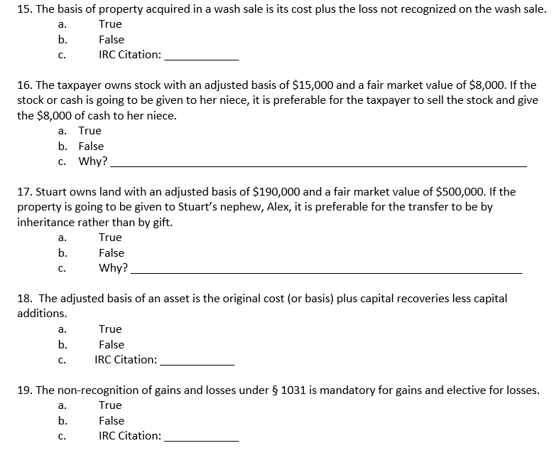 Solved A 15 The Basis Of Property Acquired In A Wash Sa Chegg Com