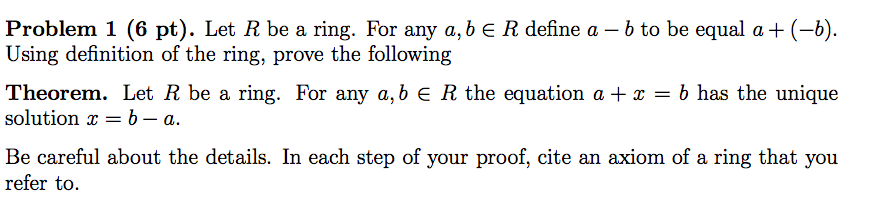 Solved Problem 1 (6 pt). Let R be a ring. For any a, b e R | Chegg.com