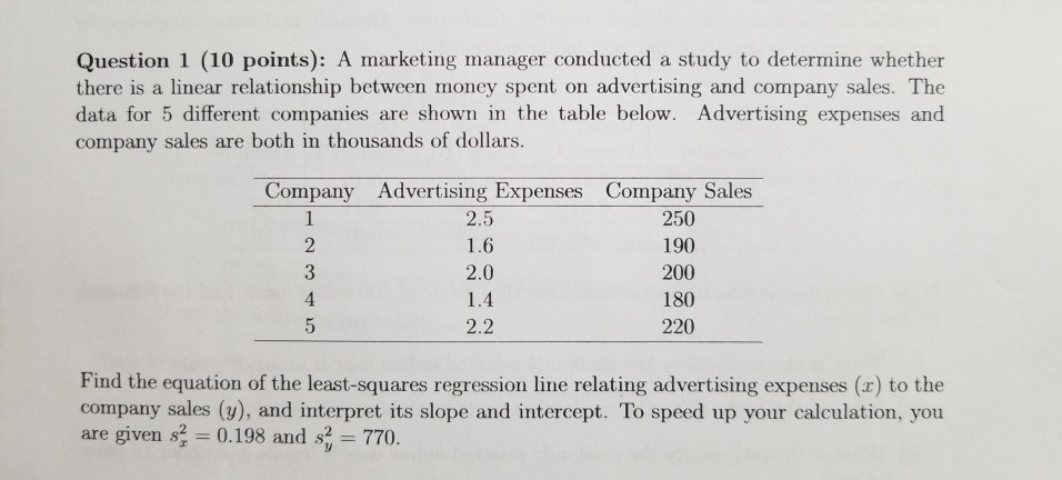 Solved Question 1 (10 points): A marketing manager conducted | Chegg.com